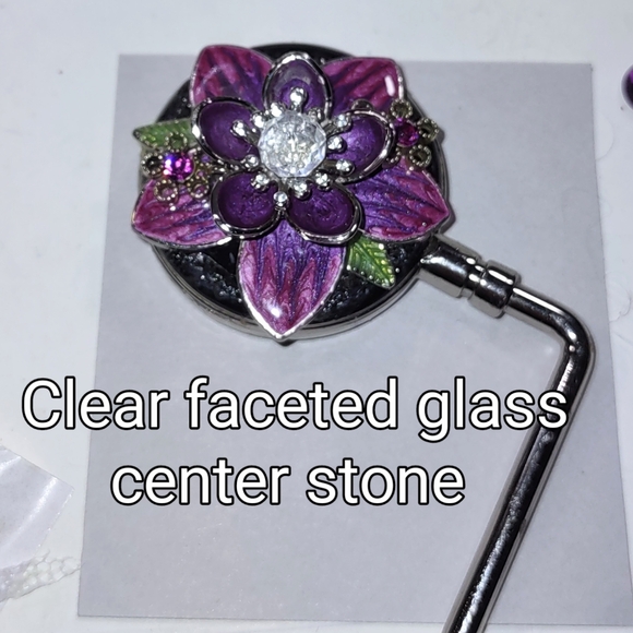 Purse Hook Handbag Holder Crystal Flower Design Choice of Center Stone - Picture 4 of 16
